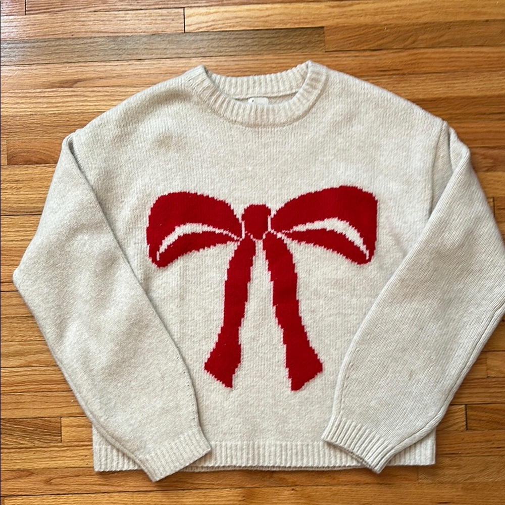 A New Day Cream Crew Neck Sweater with Red Bow